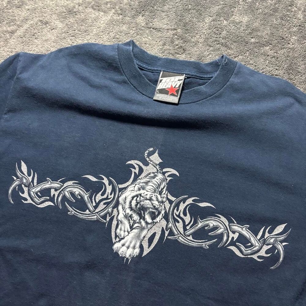 Vintage Top Heavy Tribal Tattoo Graphic T-Shirt Mens Large Blue Y2K Cotton